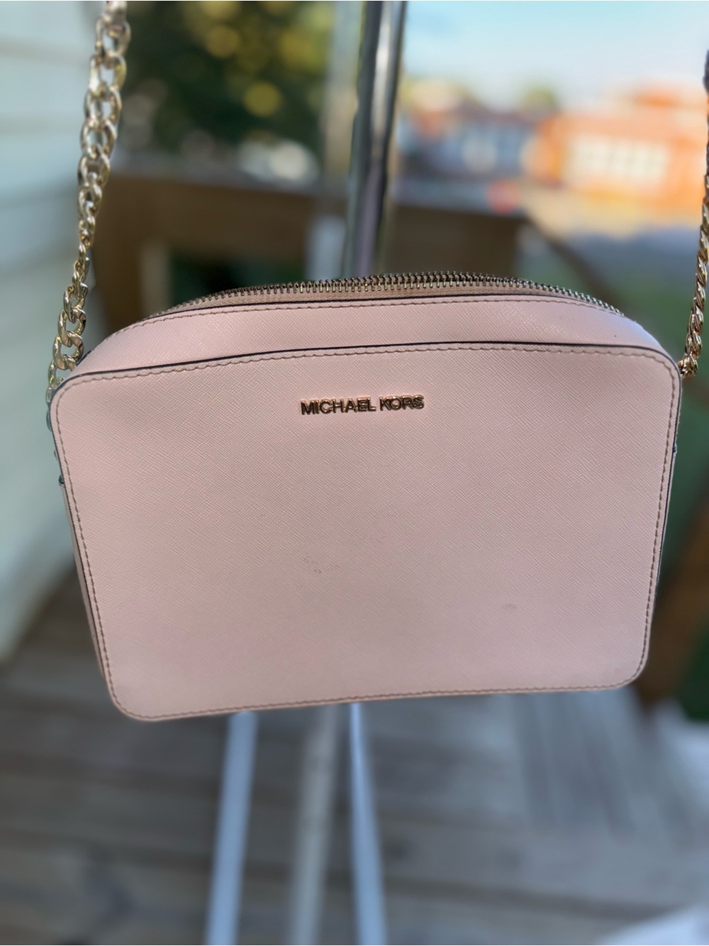 Michael Kors Light Pink Saffiano Leather Crossbody with Gold Chain